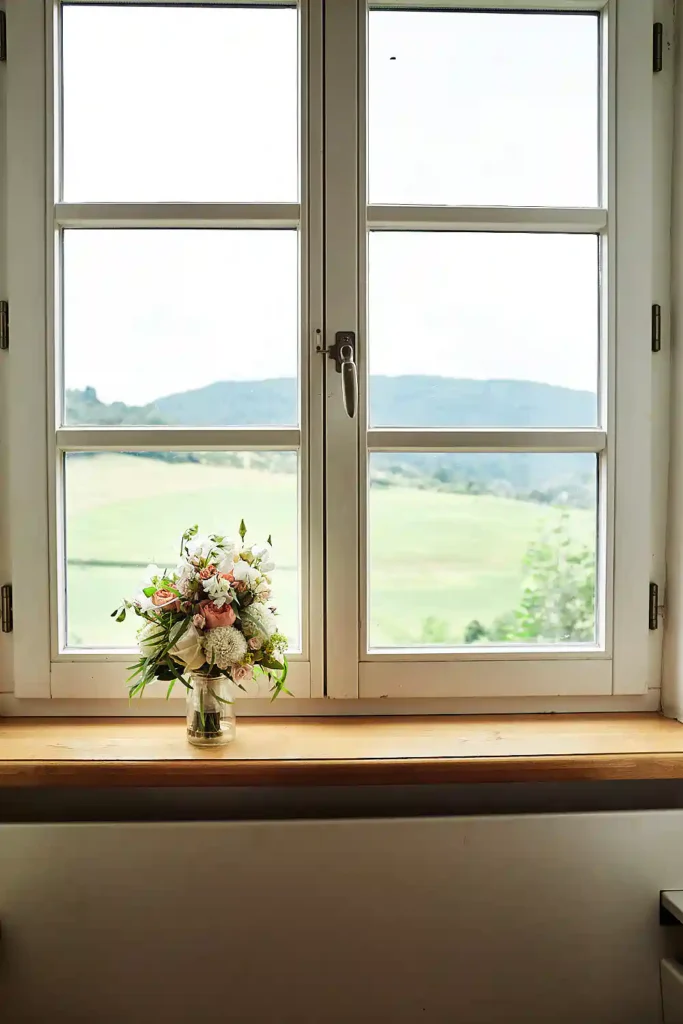 Onelovephoto Eine Vase mit Blumen steht auf einer hölzernen Fensterbank vor einem großen Fenster mit Blick auf grüne Felder und ferne Hügel. Hochzeitsfotografie in Mannheim und Heidelberg