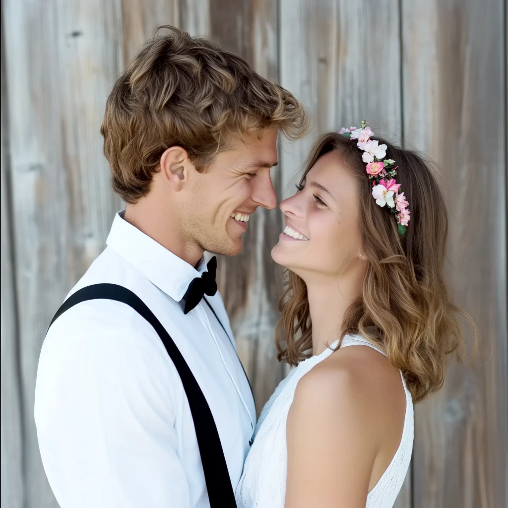 Onelovephoto Ein lächelndes Paar steht sich gegenüber. Der Mann trägt ein weißes Hemd mit schwarzen Hosenträgern und einer Fliege. Die Frau trägt ein weißes Kleid und ein geblümtes Stirnband. Beide sehen glücklich aus und stehen vor einer rustikalen Holzwand. Hochzeitsfotografie in Mannheim und Heidelberg