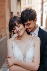 Ein verträumtes hübsches Brautpaar, das von Onelovephoto begleitet wurde. Eine Braut und ein Bräutigam umarmen sich im Freien. Die Braut in einem weißen Kleid lächelt mit geschlossenen Augen, während der Bräutigam in einem schwarzen Anzug hinter ihr steht, seine Arme um sie gelegt hat und sein Kinn an ihre Schulter legt. Onelovephoto - Hochzeitsfotografie in Mannheim und Heidelberg