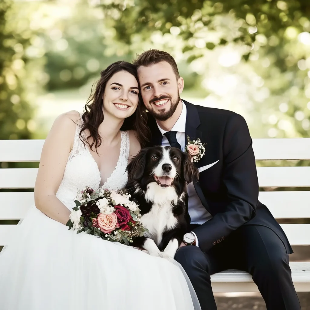 Ein lächelndes Brautpaar in Hochzeitskleidung sitzt auf einer weißen Bank im Freien und hält einen Blumenstrauß in der Hand, während ein schwarz-weißer Hund fröhlich zwischen ihnen sitzt. Grüne Bäume bilden einen unscharfen Hintergrund. Onelovephoto - Hochzeitsfotografie in Mannheim und Heidelberg