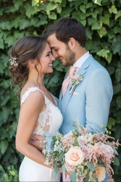 Eine Braut und ein Bräutigam stehen dicht beieinander und lächeln sich an. Die Braut hält einen Strauß aus blassrosa Blumen in der Hand und trägt ein weißes Spitzenkleid mit hochgestecktem Haar. Der Bräutigam trägt einen hellblauen Anzug und eine rosa Krawatte. Grüne Blätter füllen den Hintergrund.